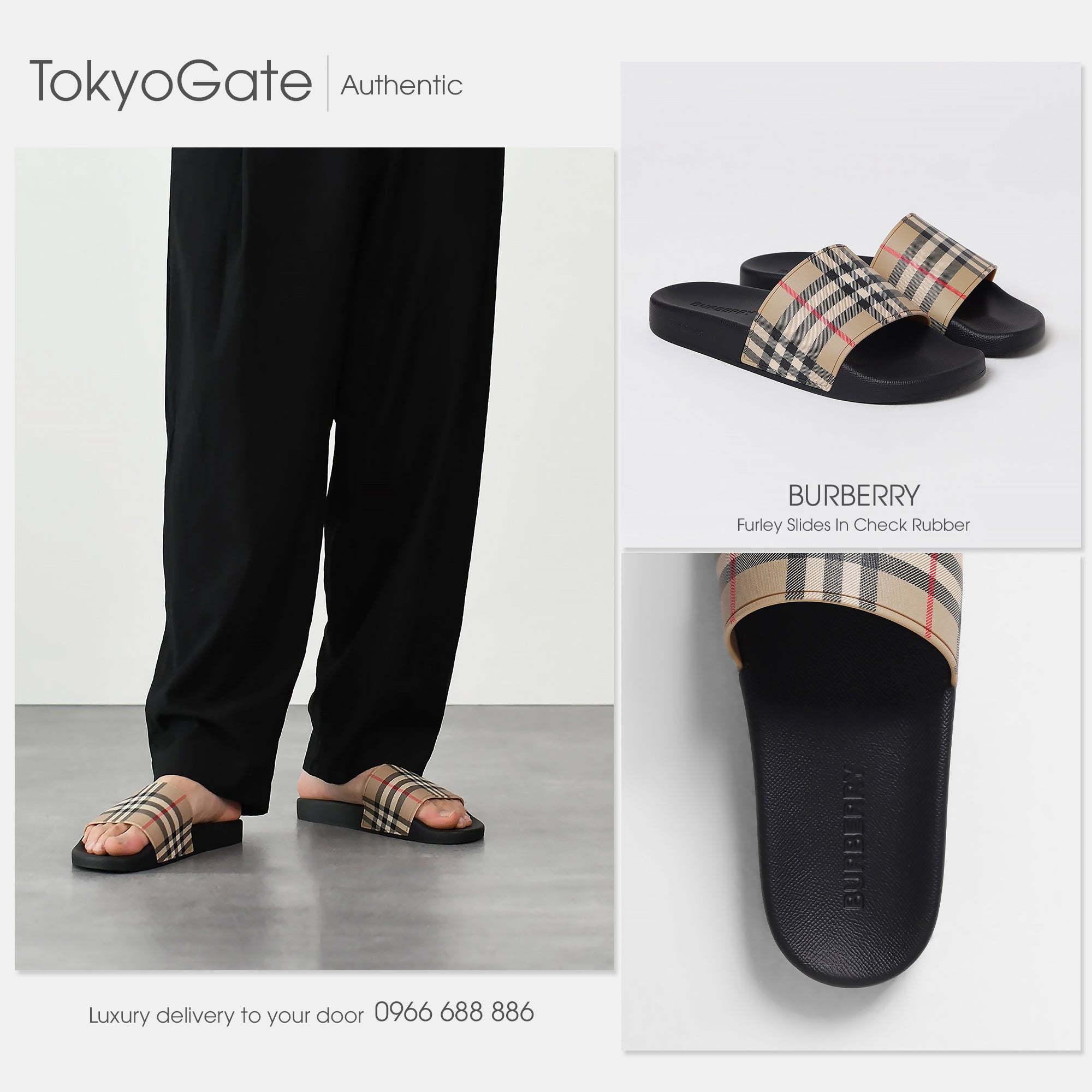 Dép Burberry 8056942 Check Slides Archive Beige IP Check