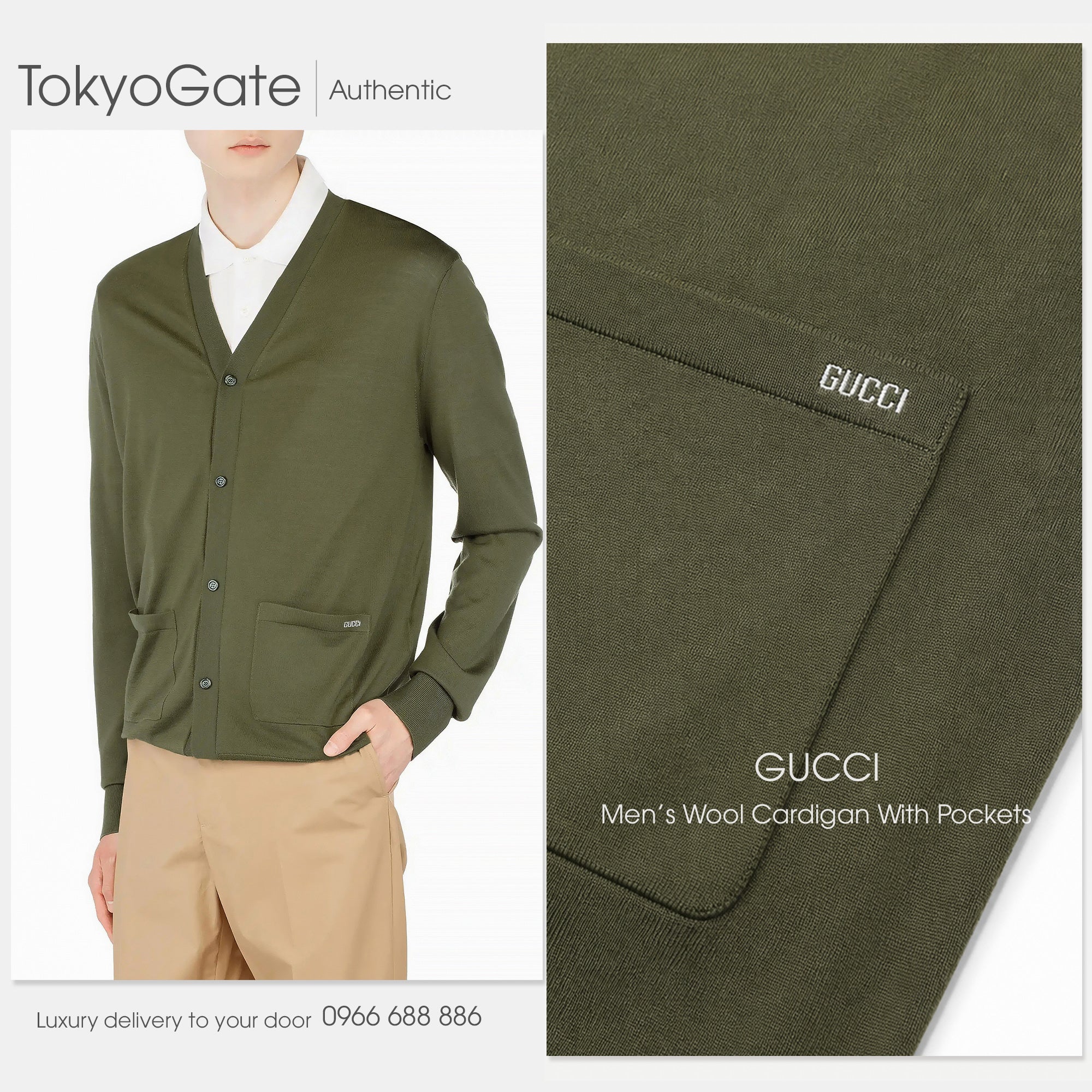Áo khoác cardigan Gucci 822599 XKEP1 Inlay Logo Dark Green