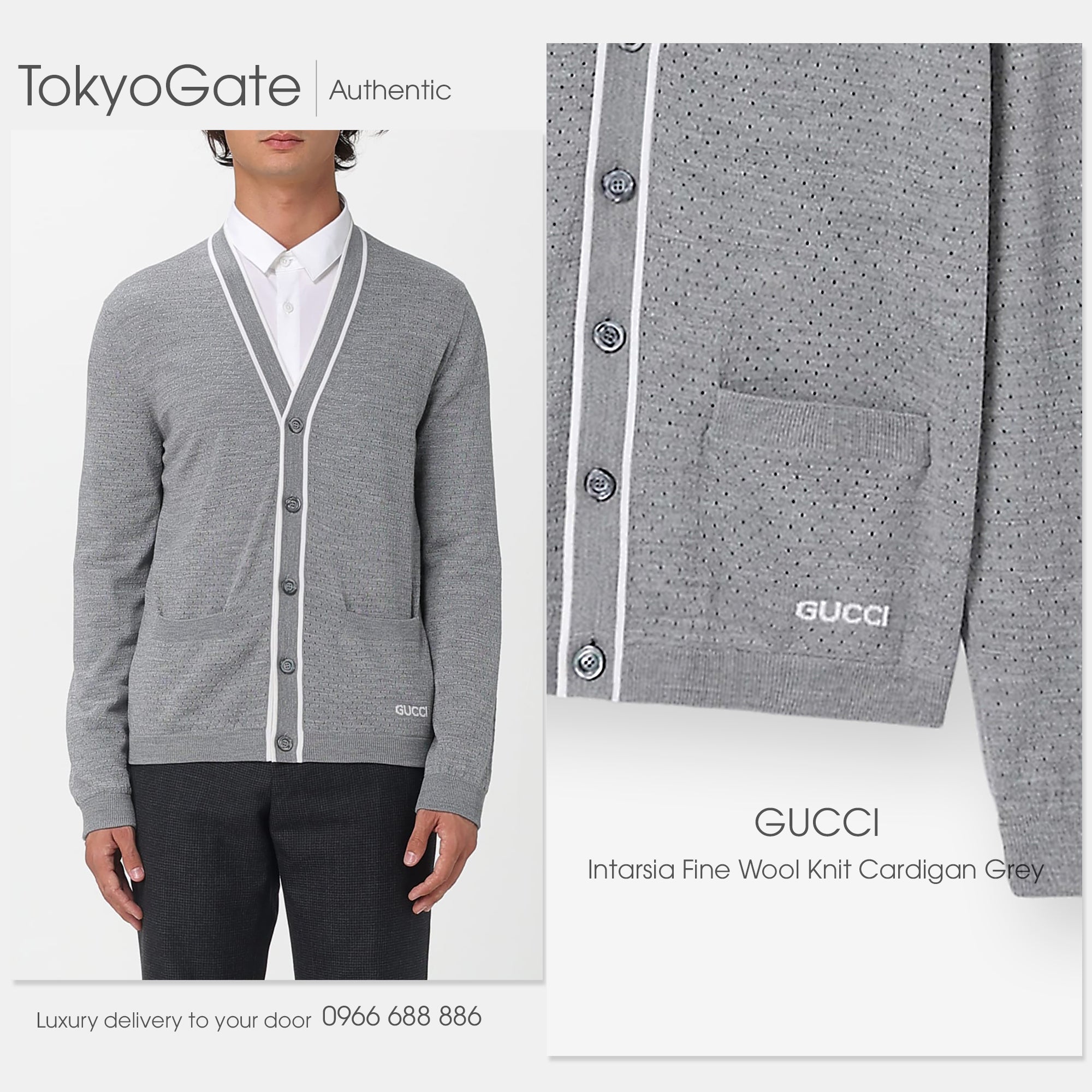Áo khoác cardigan Gucci 834072 XKESP 1130 Intarsia Fine Wool Knit Grey
