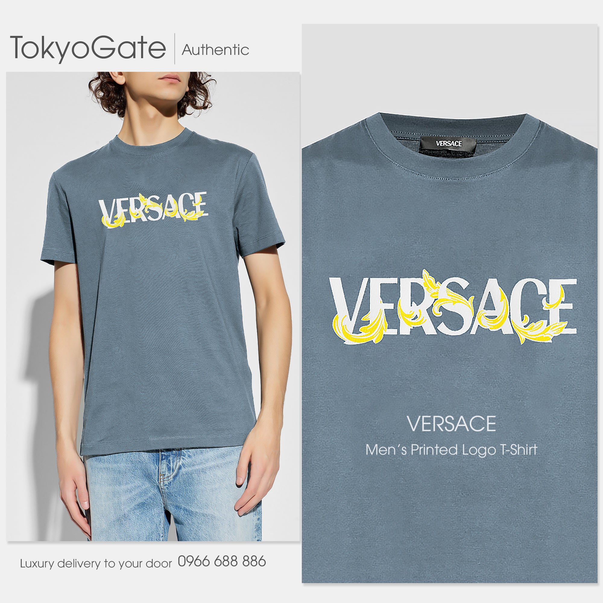 Áo phông Versace 1014427 1A16040 In Light Blue Regular Fit