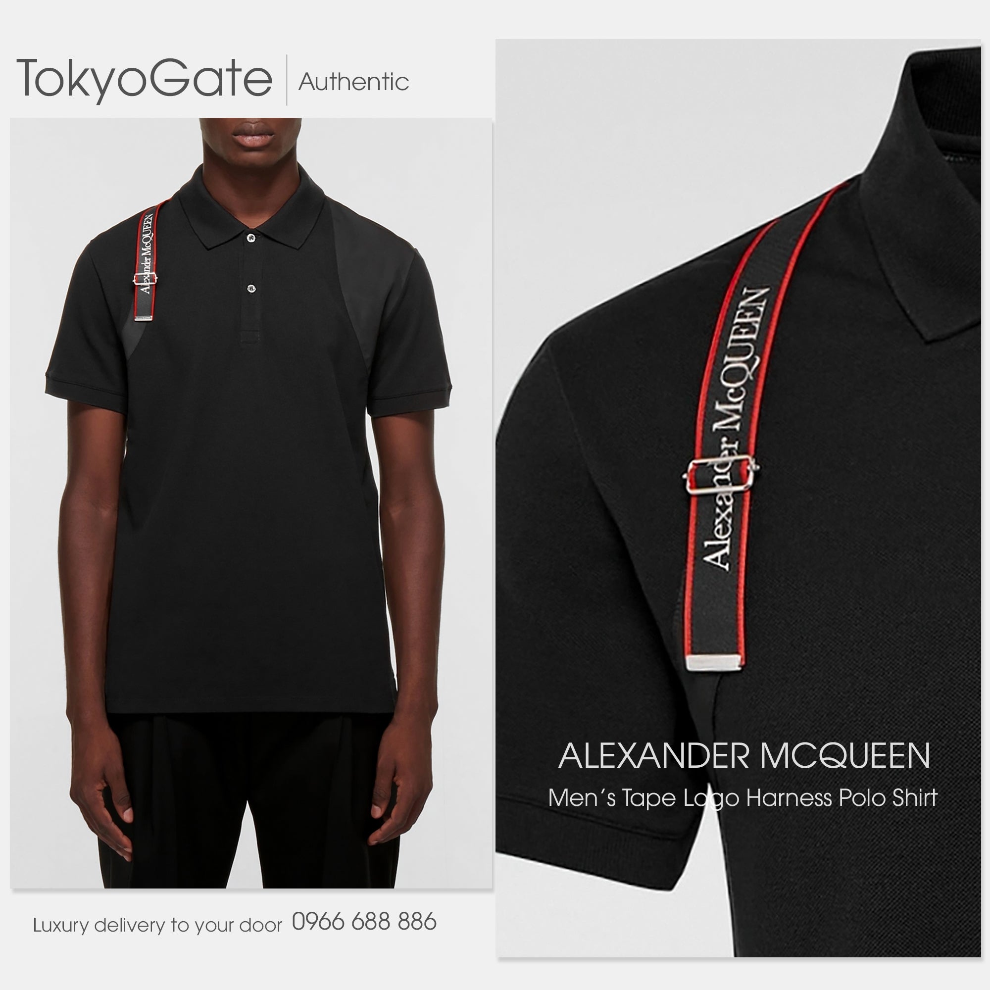 Áo polo Alexander McQueen 625245 QSX33 1000 Harness Black Regular Fit