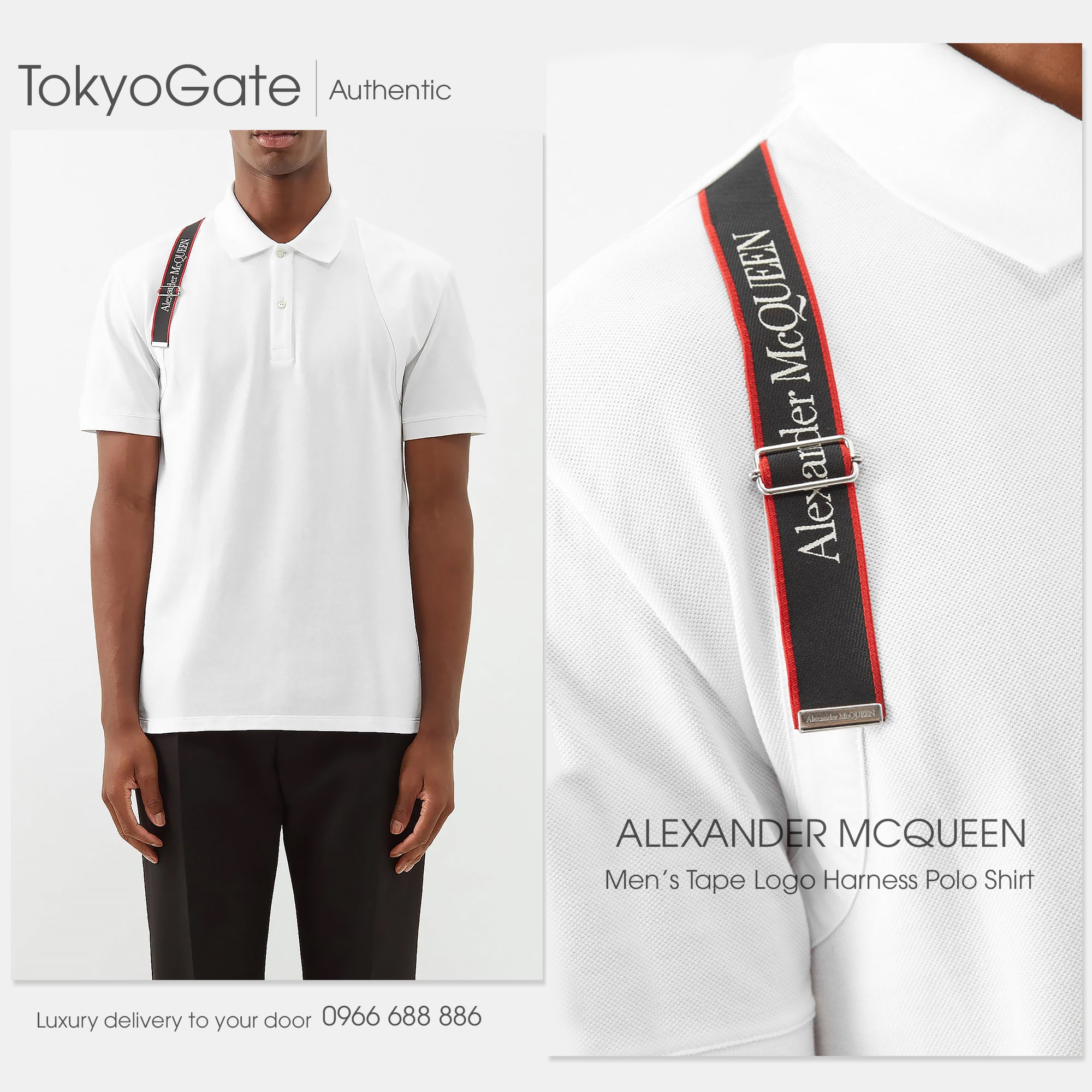 Áo polo Alexander McQueen 625245 QSX33 9000 Harness White Regular Fit