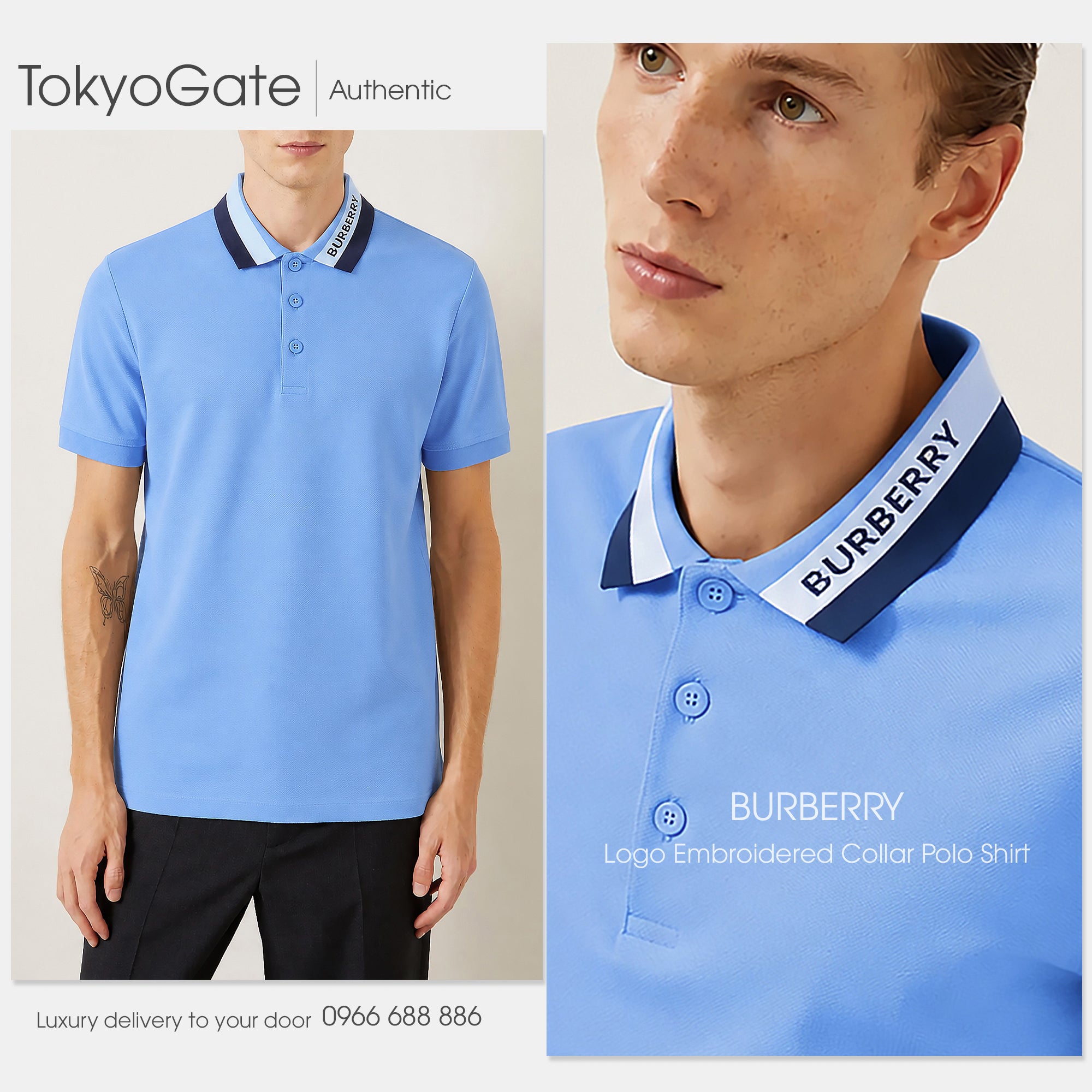 Áo polo Burberry 8070170 Edney Dusty Azure Slim Fit