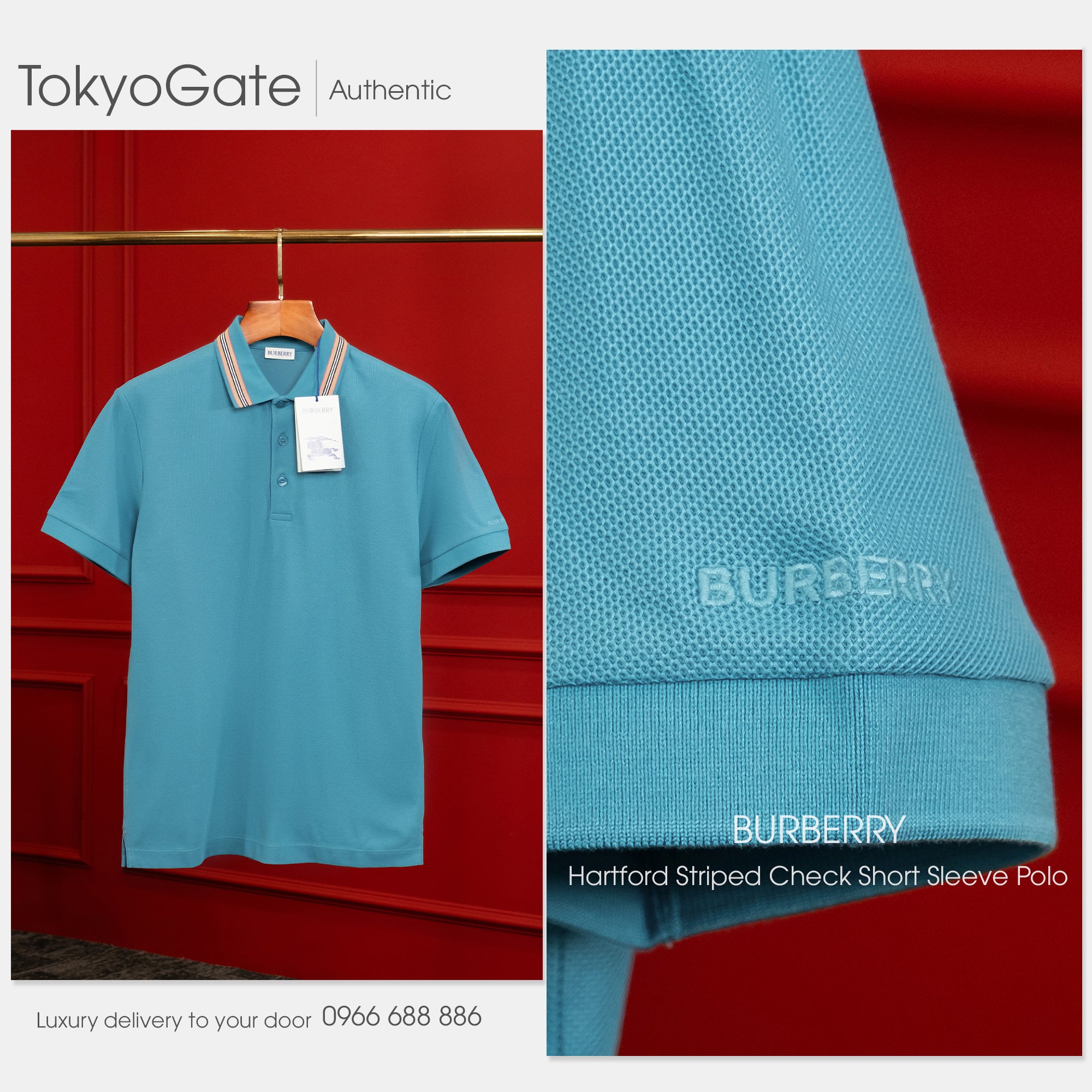 Áo polo Burberry 8120942 Hartford ICS Peacock Turquoise Slim Fit