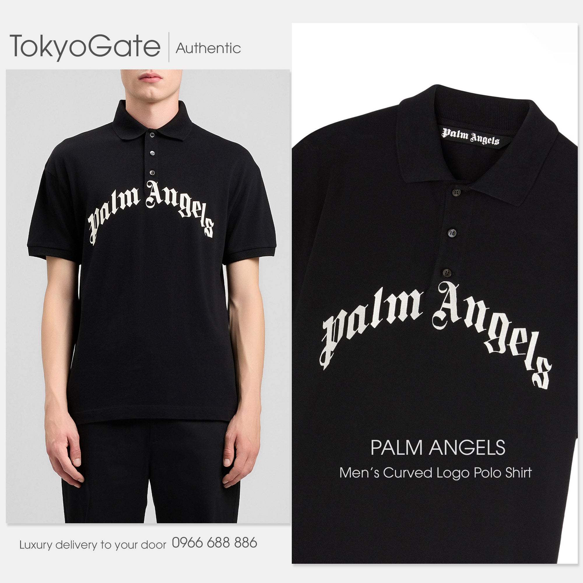 Áo polo Palm Angels Curved Logo Polo Short Sleeve Black Regular Fit