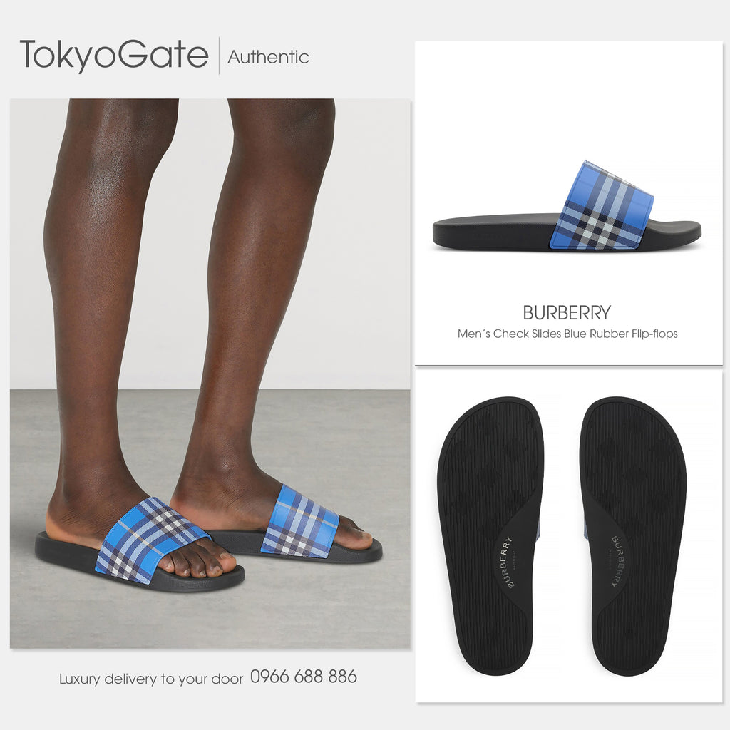 Dép Burberry 8112742 Check Slides Blue Rubber