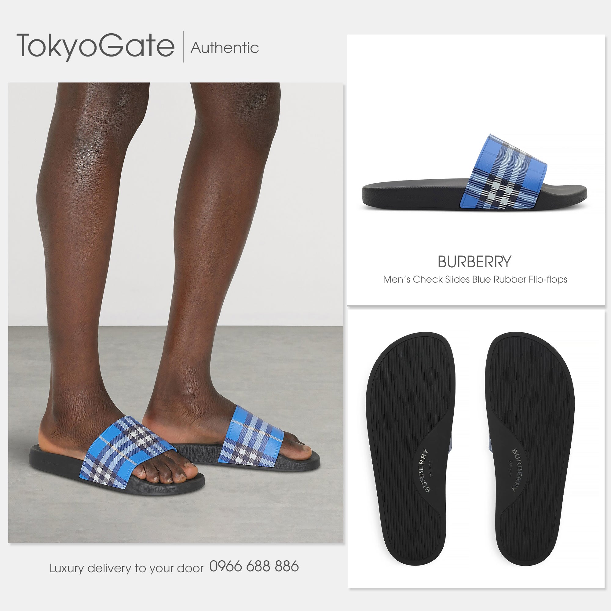 Dép Burberry 8112742 Check Slides Blue Rubber