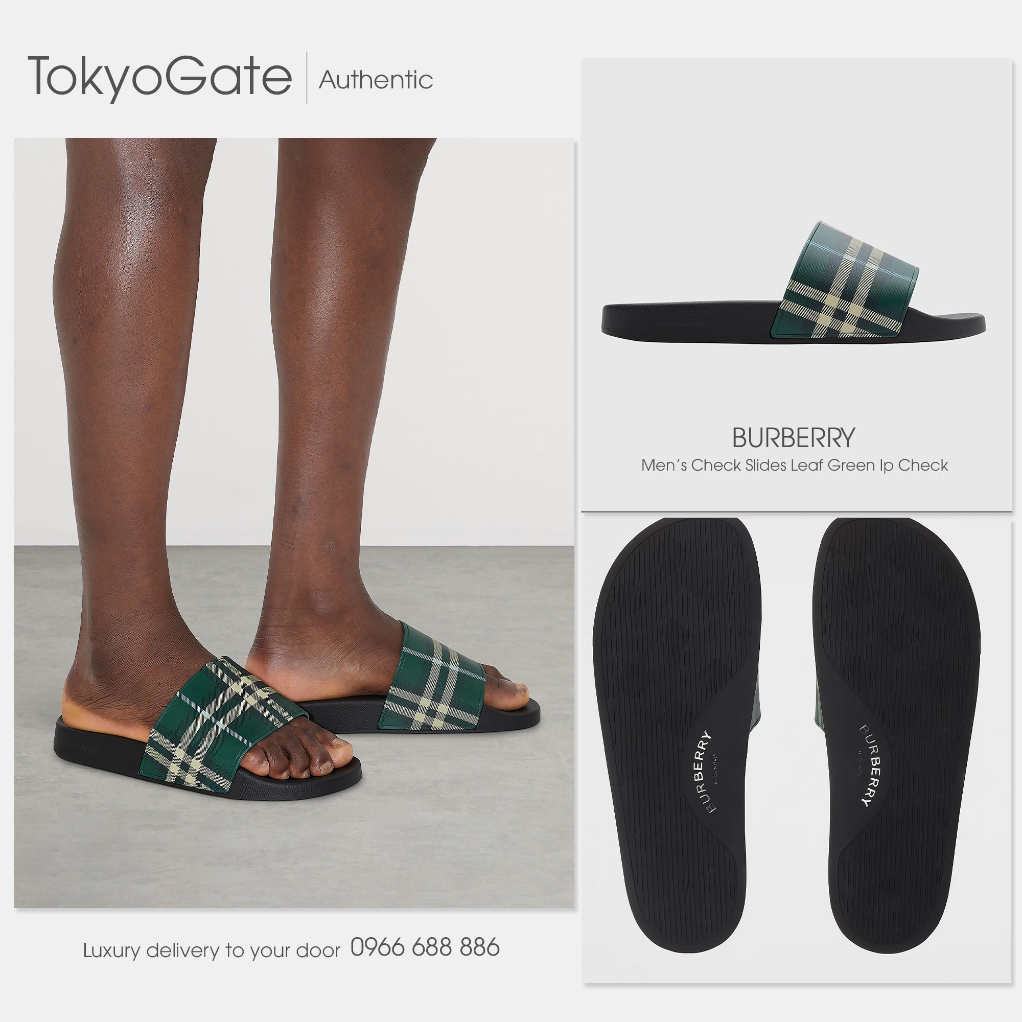 Dép Burberry 81127421 Check Slides Leaf Green IP Check