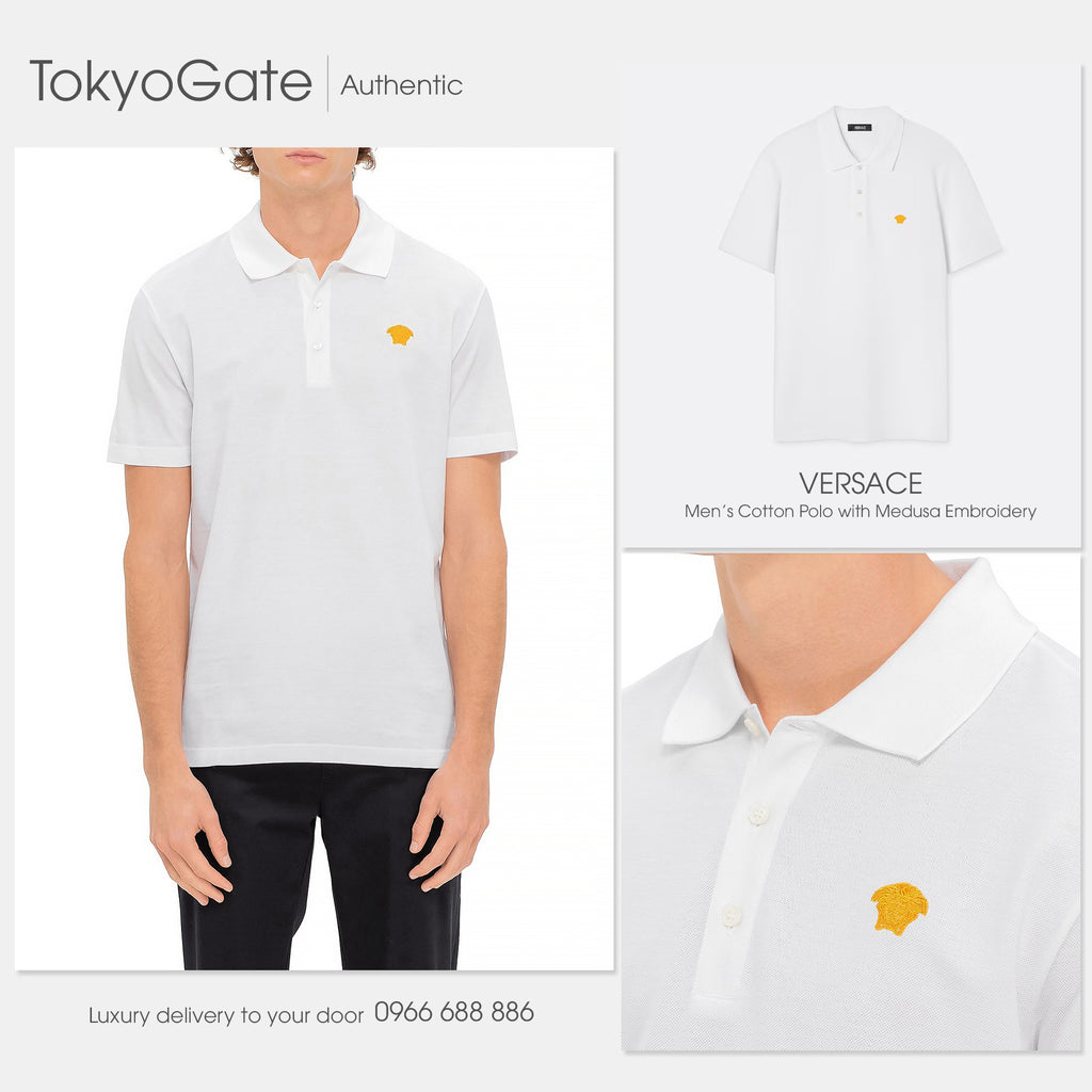 Áo polo Versace 1008492 1A06071 Medusa Logo Embroidered White Regular Fit
