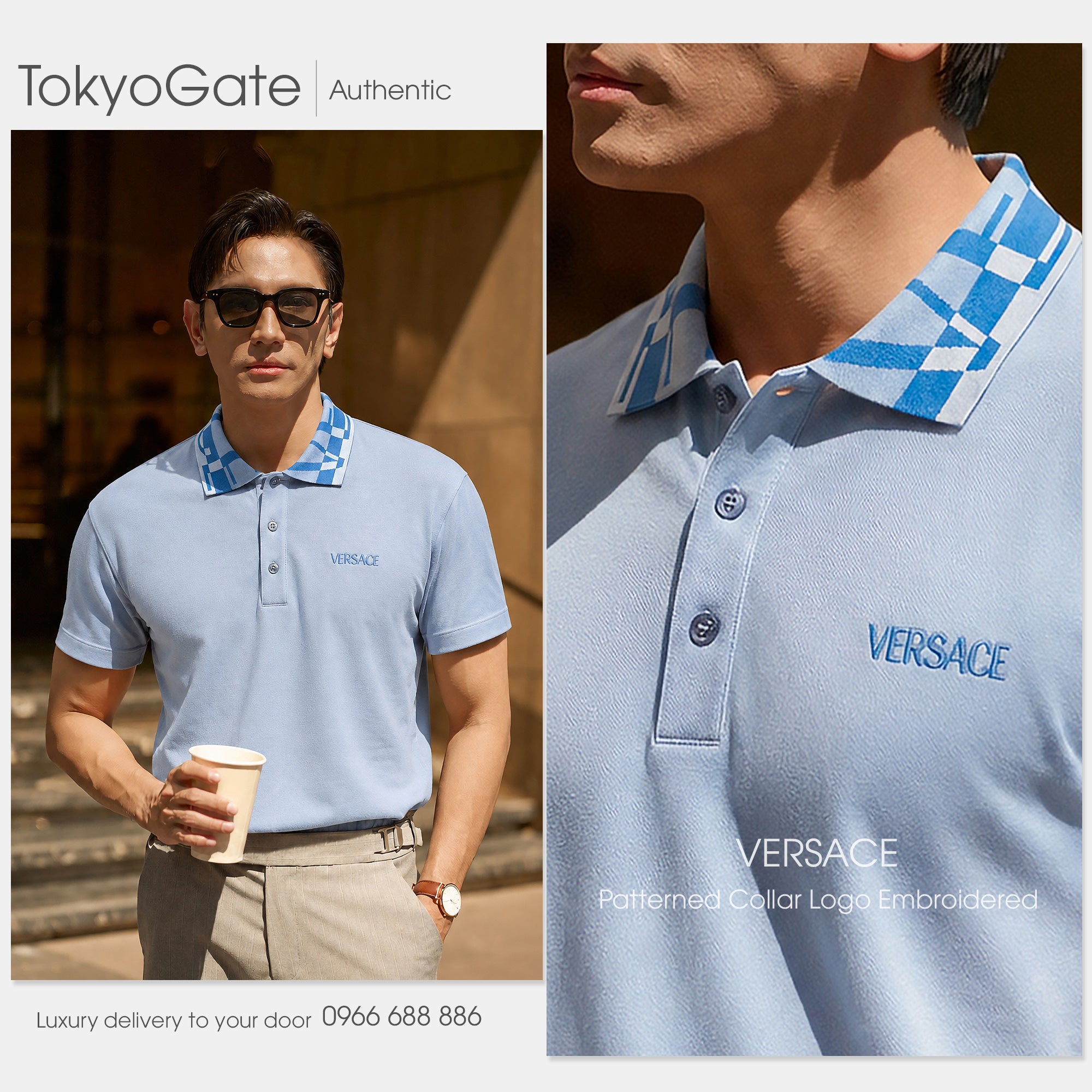 Áo polo Versace 1012260 1A17965 Light Blue Regular Fit