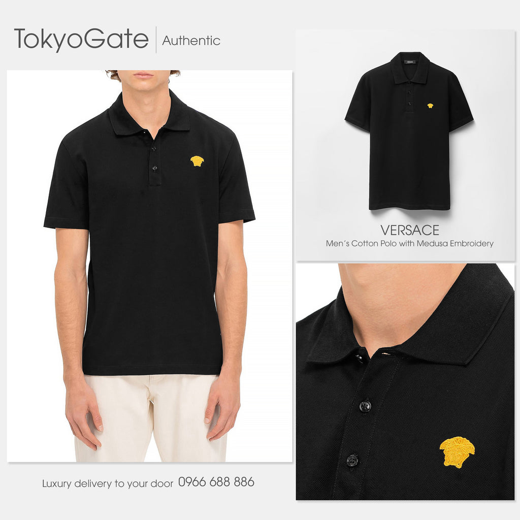 Áo polo Versace 1008492 1A06071 Medusa Logo Embroidered Black Regular Fit