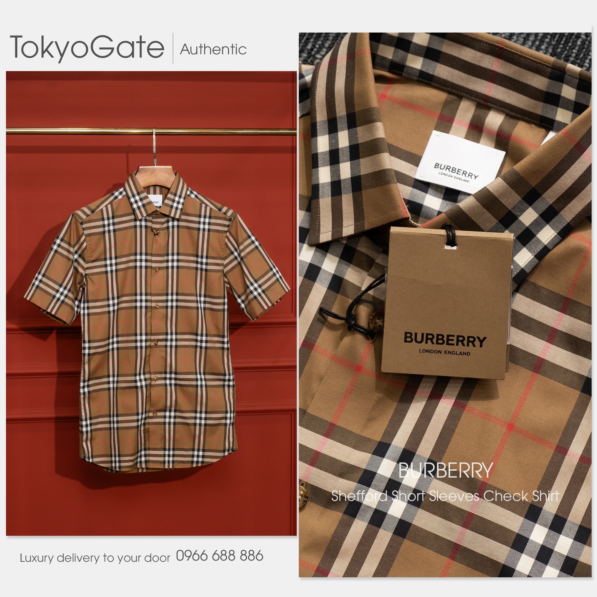 Áo sơ mi Burberry SS Shefford Taupe Brown Slim Fit