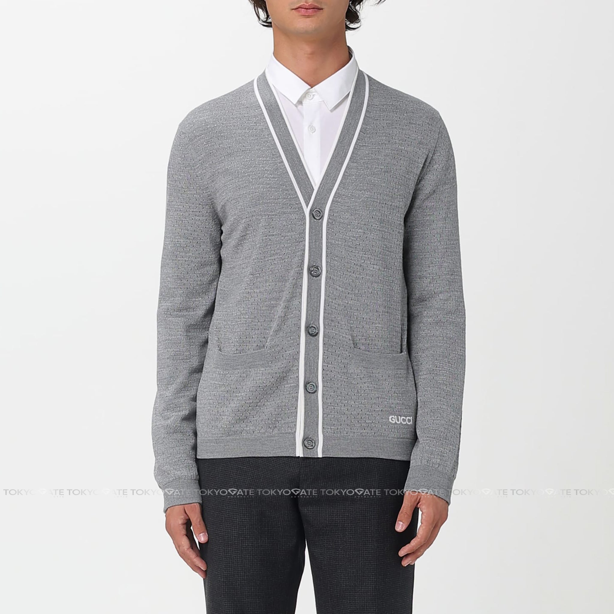 Áo khoác cardigan Gucci 834072 XKESP 1130 Intarsia Fine Wool Knit Grey