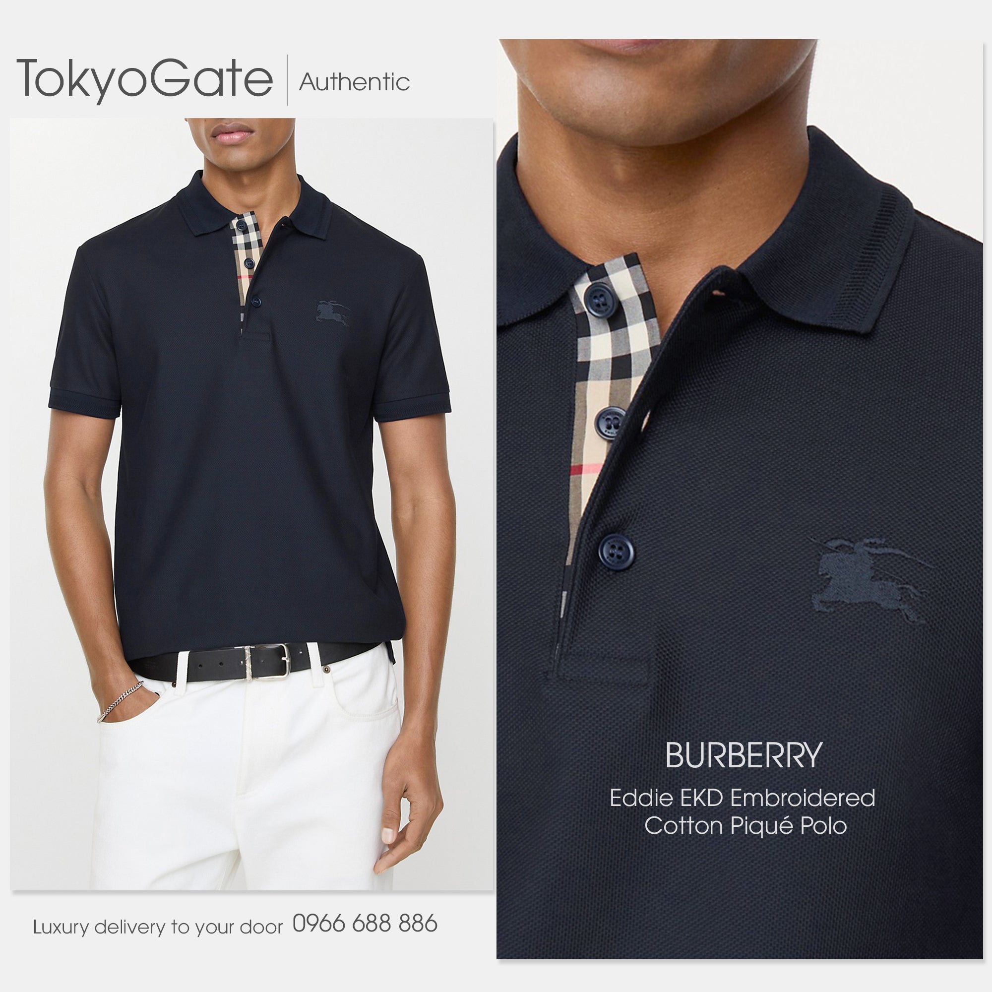 Áo polo Burberry 8099165 Eddie EKD Coal Blue Slim Fit